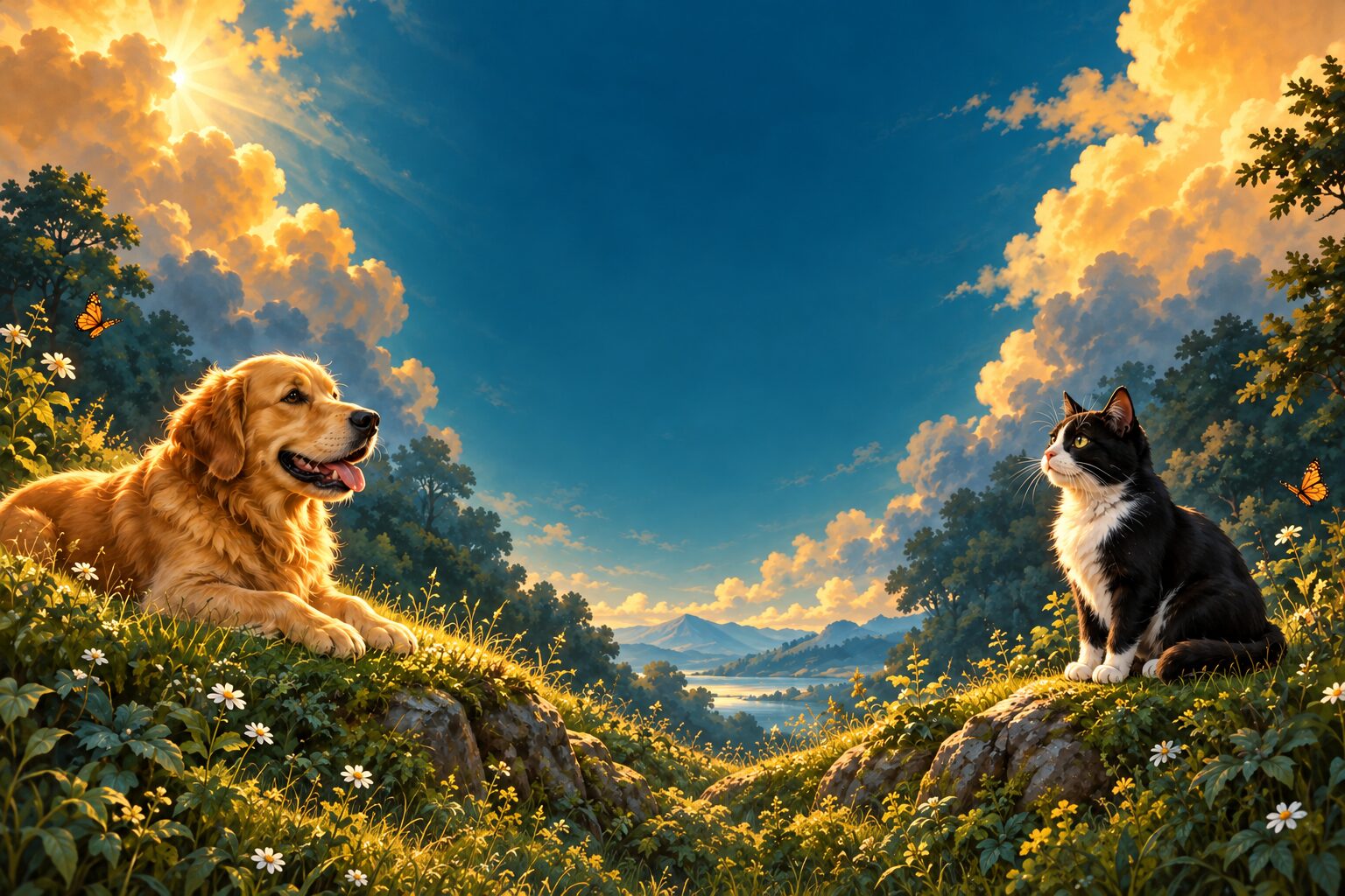 A golden retriever and a tuxedo cat resting in a sunlit garden beneath a painted sky.