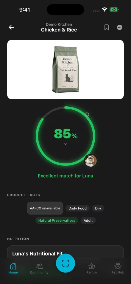 Kiba result screen: 85% match for Luna for Demo Kitchen Chicken & Rice, a sample product