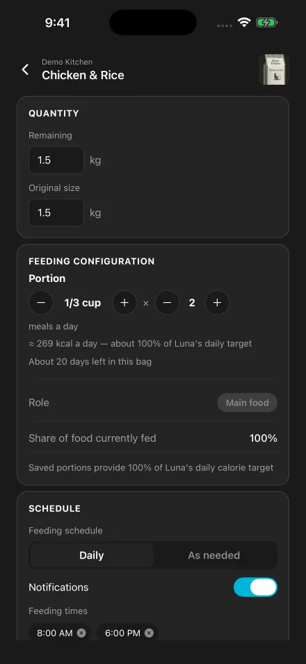 Kiba pantry screen for Luna’s sample food, showing her portions and about 20 days left in the bag
