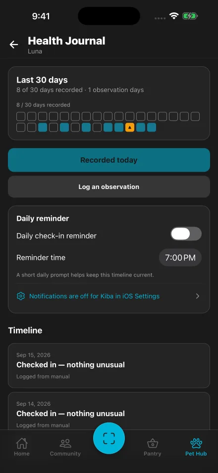 Kiba Health Journal screen for Luna, with her recent daily check-ins
