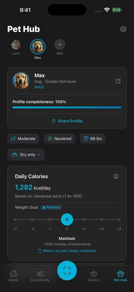 Kiba Pet Hub screen showing Max’s profile, details and daily calories
