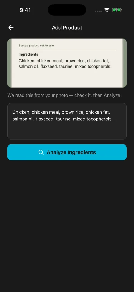 Kiba Add Product screen showing the ingredient list read from a photo of a sample food label, with an Analyze Ingredients button